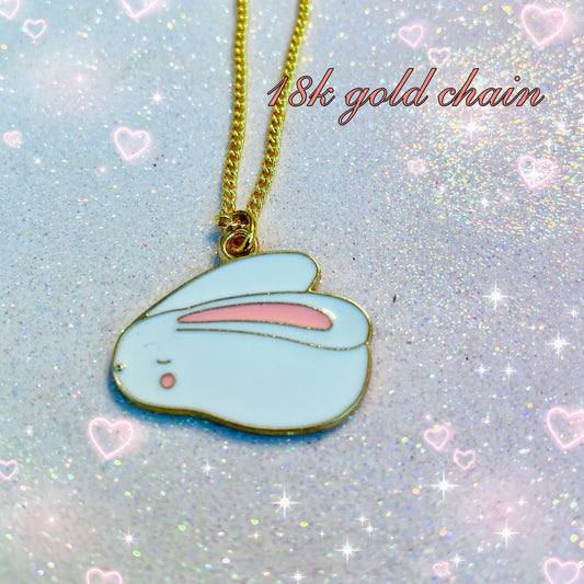 Kawaii sleepy moon bunny 18k gold gf chain enamel charm necklace cute lucky animal star pink hobi handmade cute gift for her