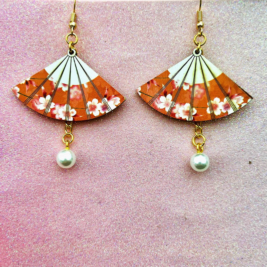 Sakura Japanese red wooden fan earrings cherry blossom pearl detail