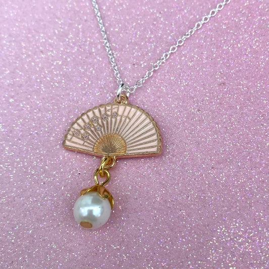 Japanese fan and Sakura blossom Pearl drop silver fine chain necklace