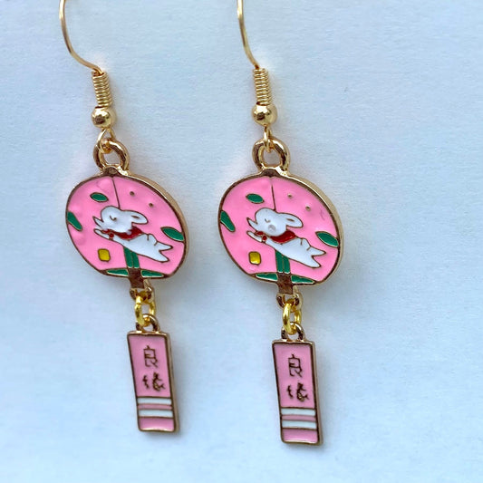 Kawaii Lucky bunny enamel bell blessing drop japanese moon star korean dangle earrings