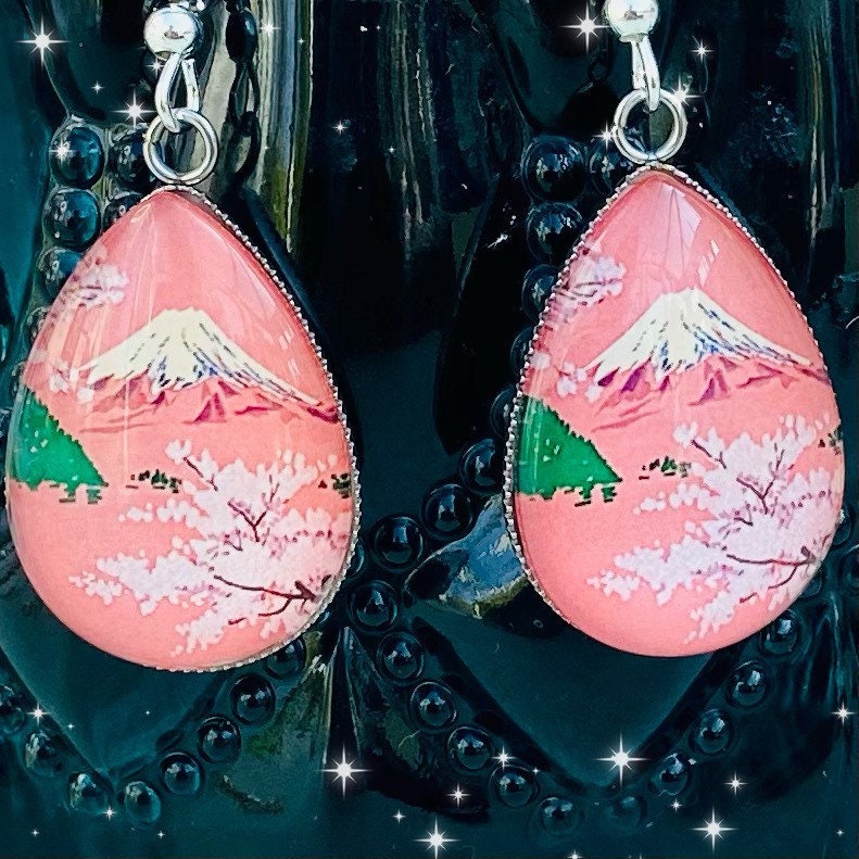 Japanese view  Mount Fuji cherry blossom tear drop earrings clear  flat back cabochon Sakura