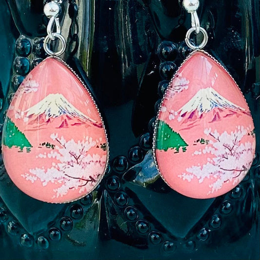 Japanese view  Mount Fuji cherry blossom tear drop earrings clear  flat back cabochon Sakura