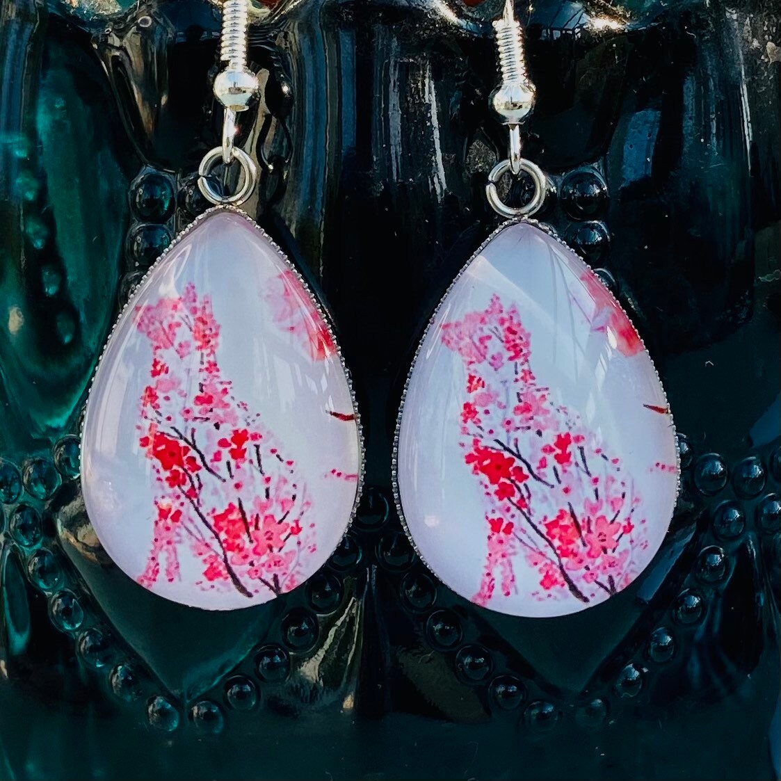 Japanese cat earrings /hidden cat Sakura cherry blossom tear drop earrings  flat back Lolita kimono cat lovers flower animal  floral anime