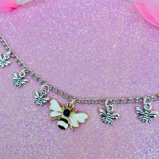 Handmade pink bee sakura flower silver chain  necklace  bee lover/bee gift/beehive/ flower sunflower bee jewellery summer present honey bee