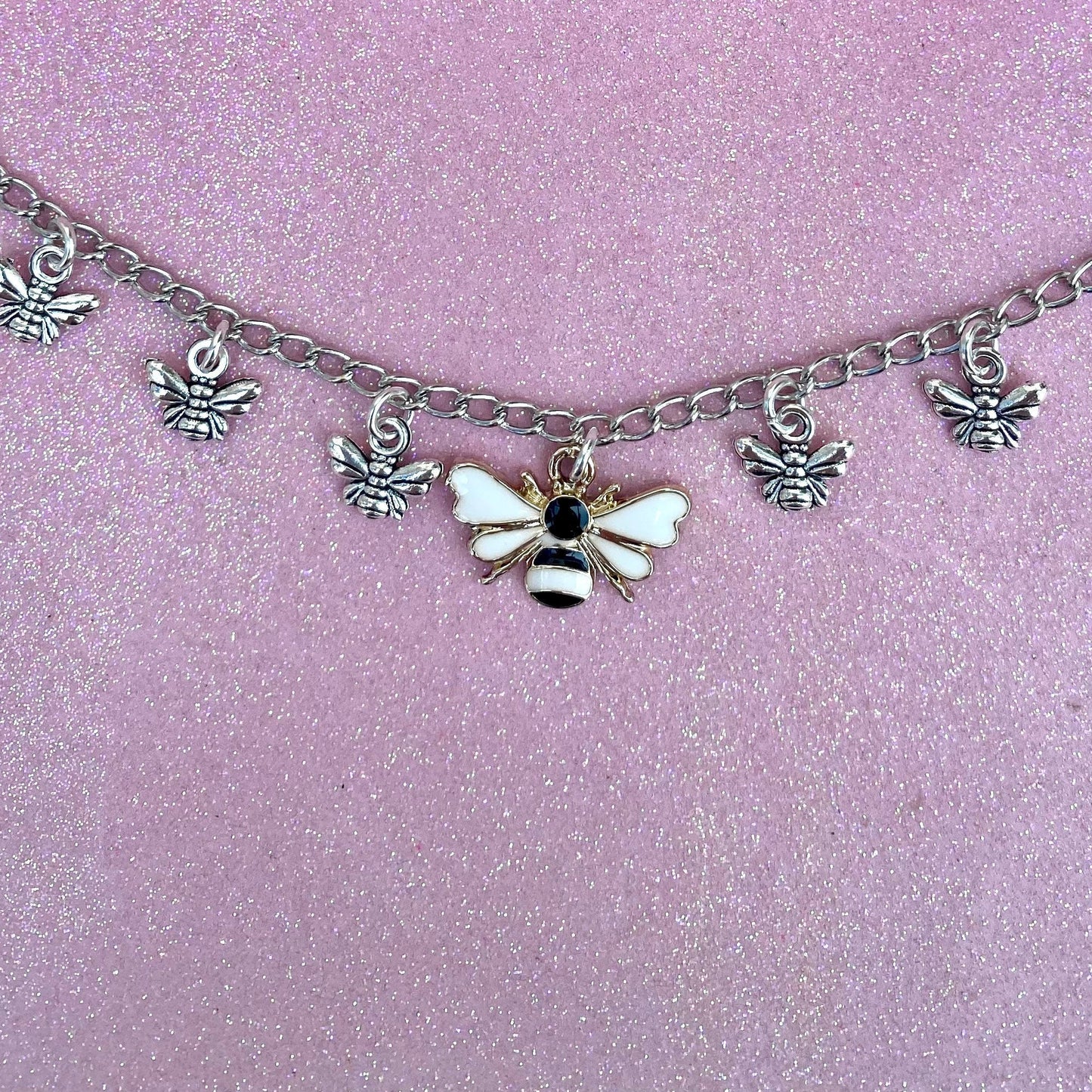 Handmade pink bee sakura flower silver chain  necklace  bee lover/bee gift/beehive/ flower sunflower bee jewellery summer present honey bee