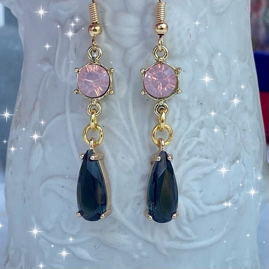 Pretty pink and black sparkle glass crystal dangle drop earrings movie cosplay castle magic fantasy japanese fairy