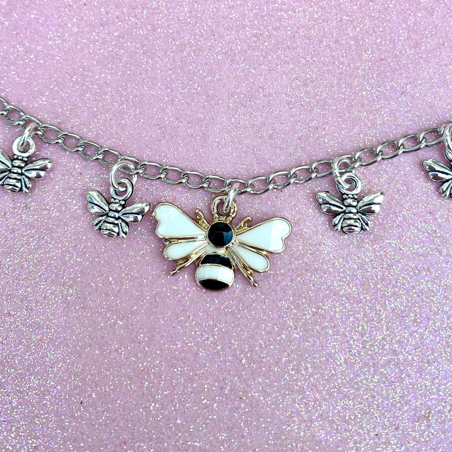 Handmade pink bee sakura flower silver chain  necklace  bee lover/bee gift/beehive/ flower sunflower bee jewellery summer present honey bee