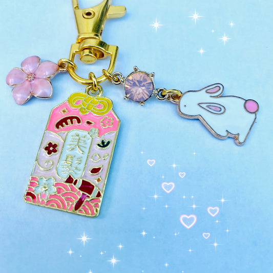 Japanese pink Omamori bunny moon sparkle gem keyring with flower charm