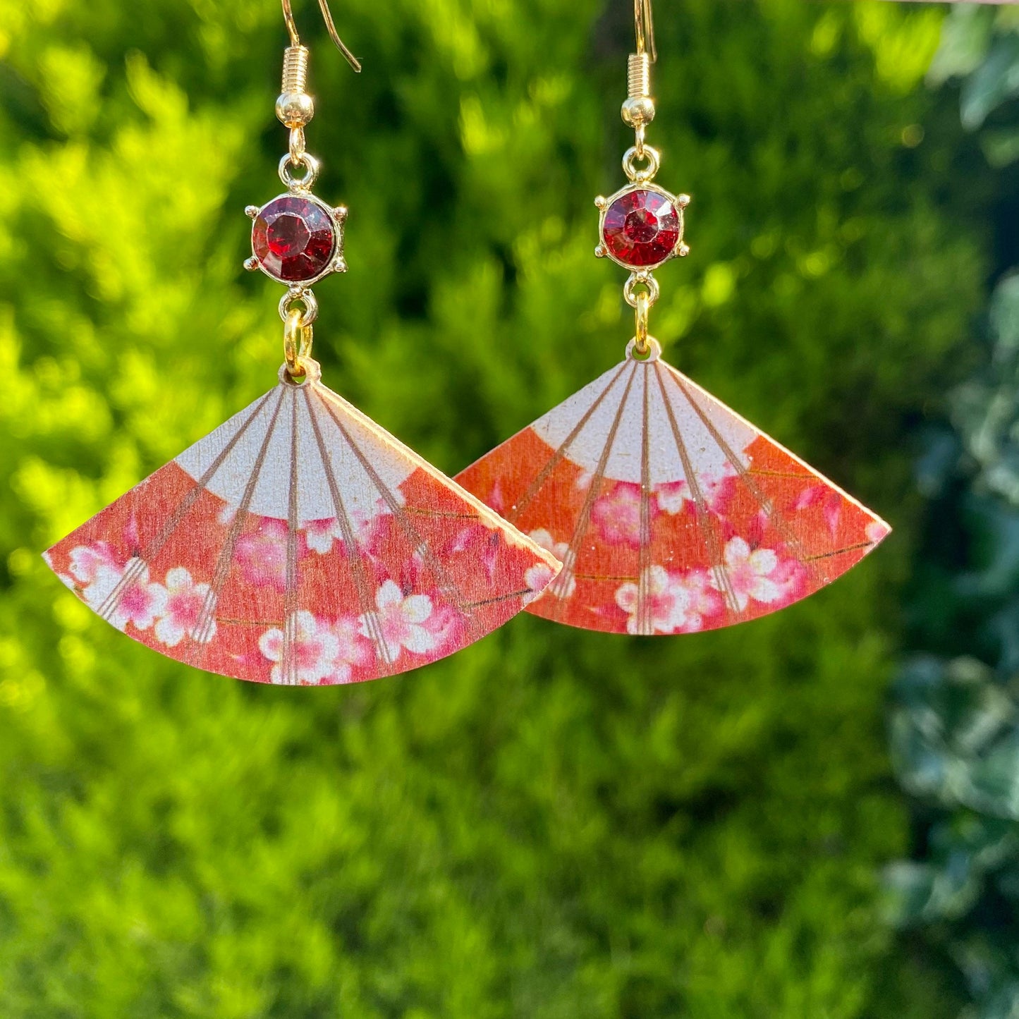 Pretty Japanese traditional red fan Sakura earrings  jewel cherry  blossom wood fan earrings