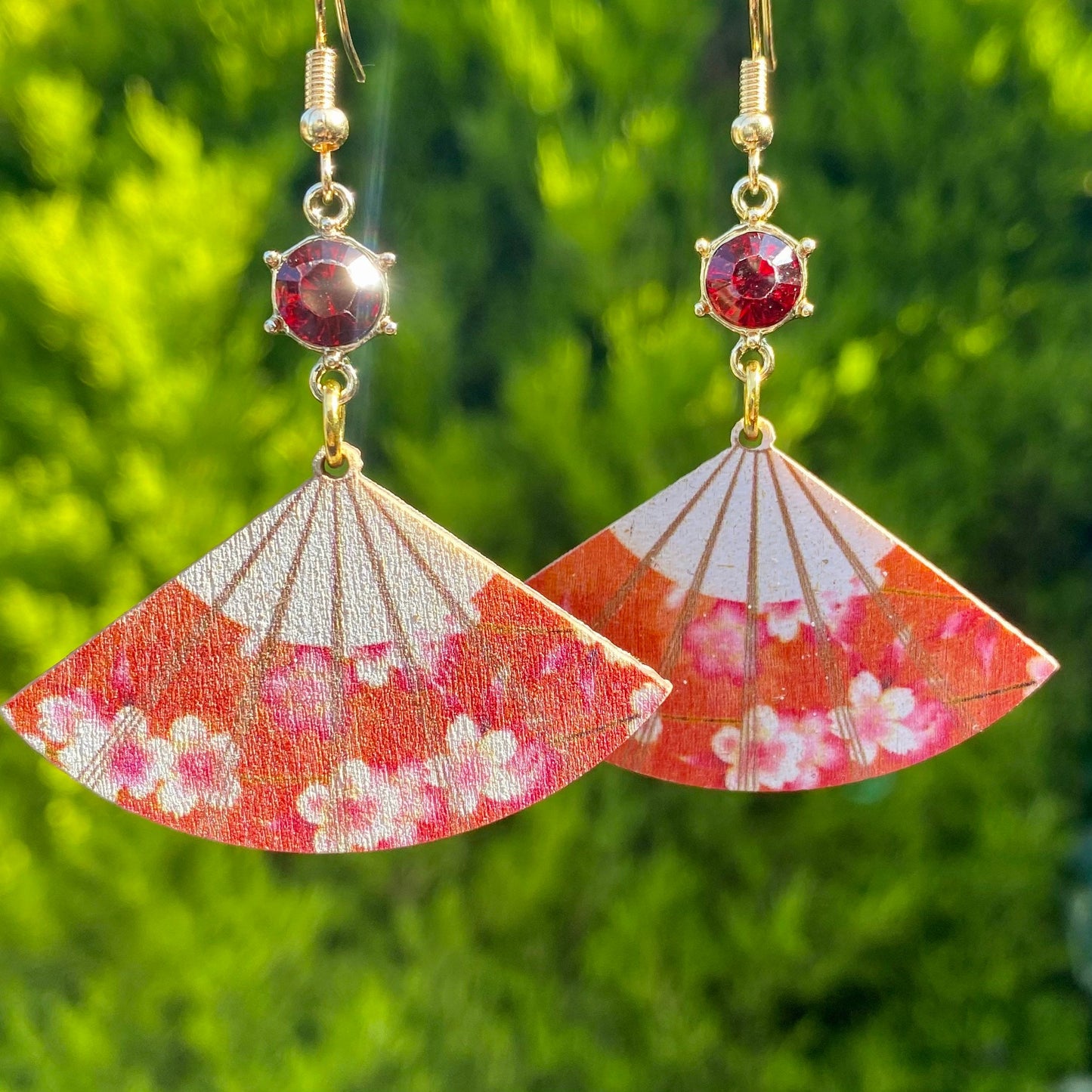 Pretty Japanese traditional red fan Sakura earrings  jewel cherry  blossom wood fan earrings