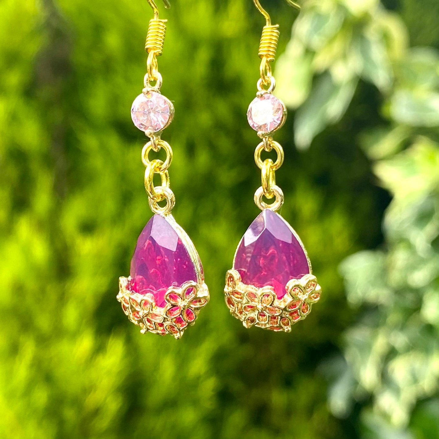 Pretty Sakura pink Japanese cherry blossom crystal style embossed earrings Asian wedding