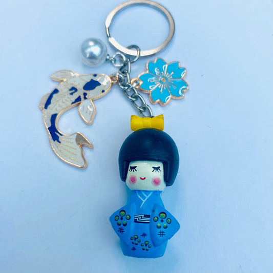 Japanese kokeshi keychain doll Sakura koi charms keyring bag accessory