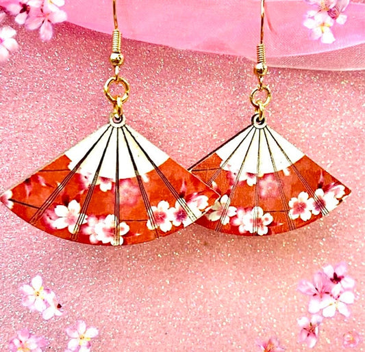 Sakura cherry blossom red Japanese wood fan earrings dangle drop pretty gift