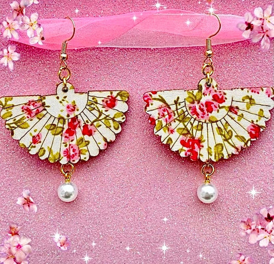 Pretty white and pink Sakura Japanese blossom fan earrings kawaii pastel cottage core