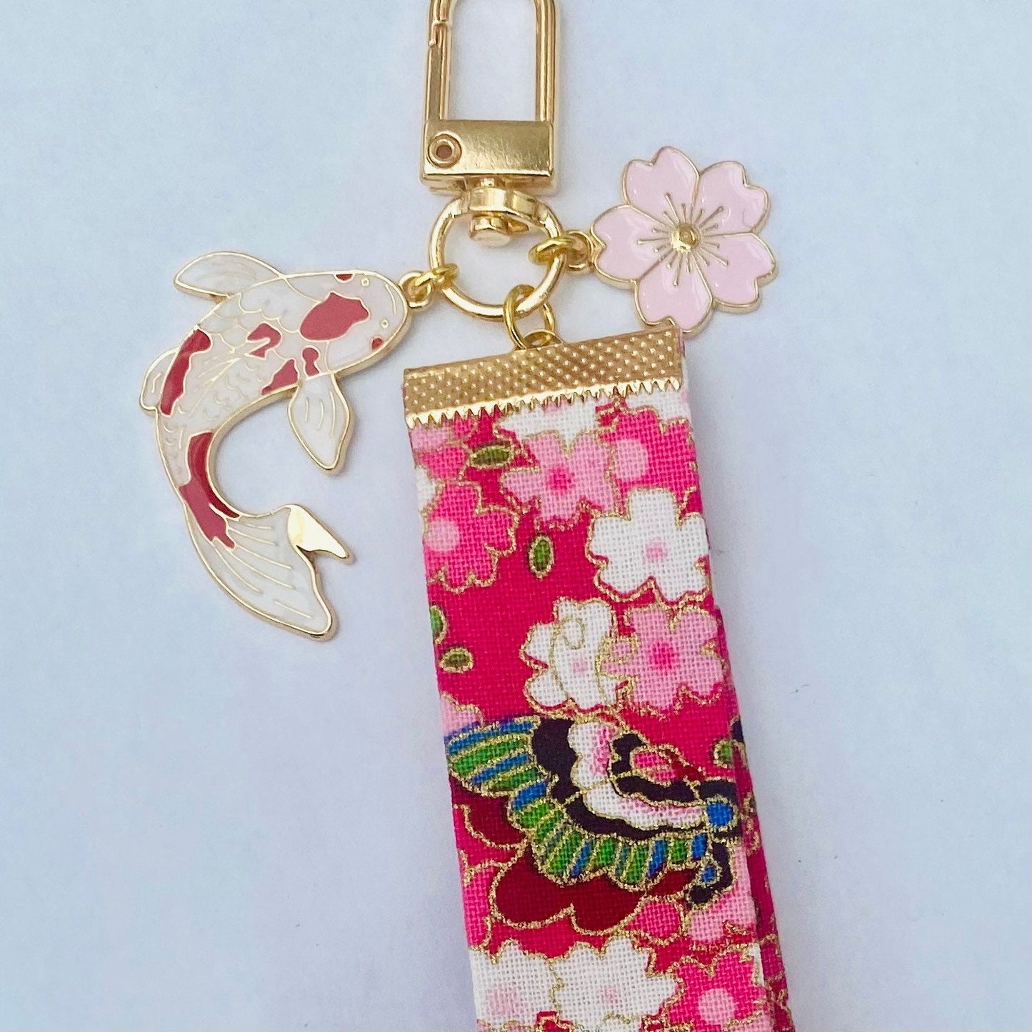 Kawaii Japanese blossom sakura style key fob wrist strap koi fish charms lanyard