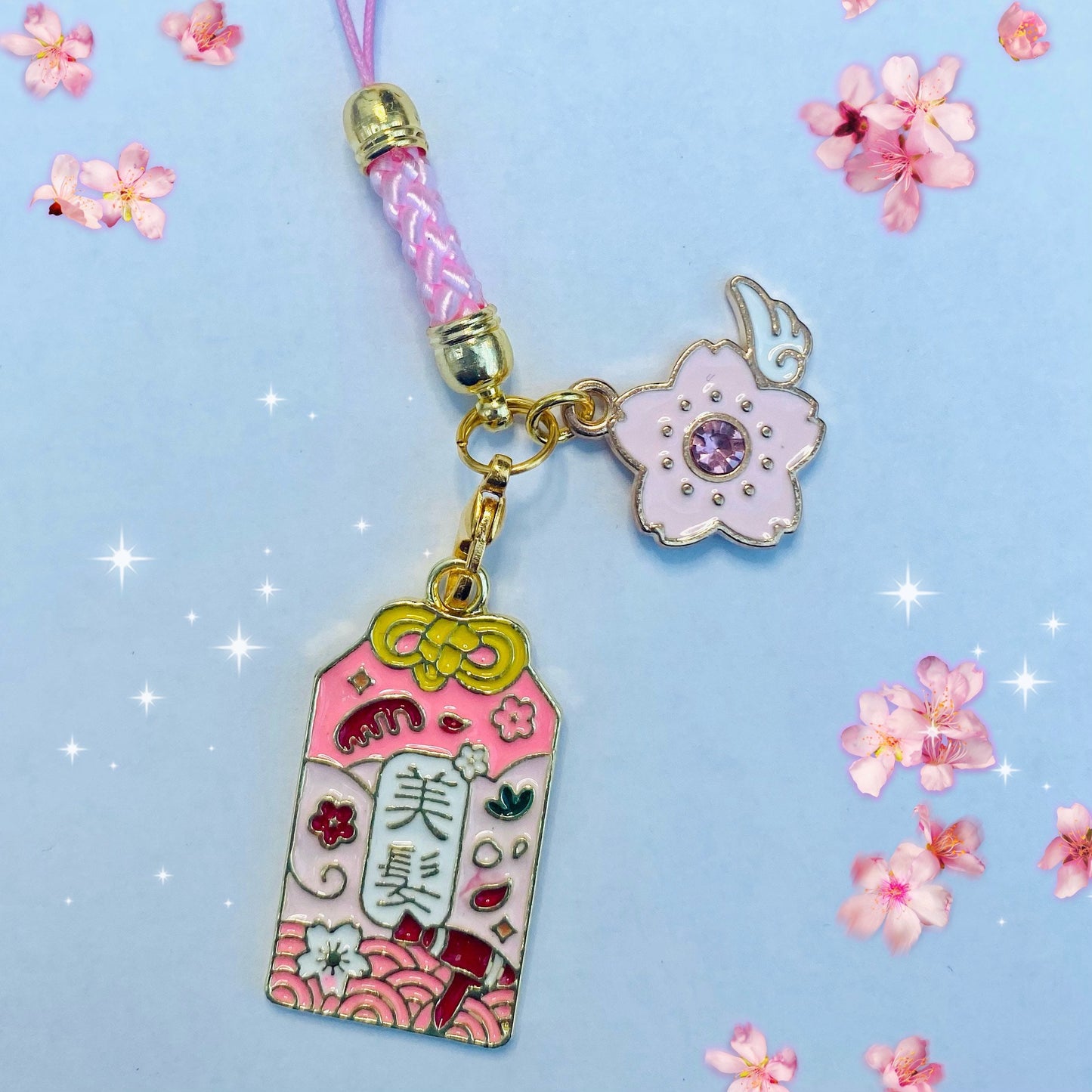 Japanese phone case charm pink beauty omamori pink rope with cardcaptor anime sakura wing flower dust plug phone accessory