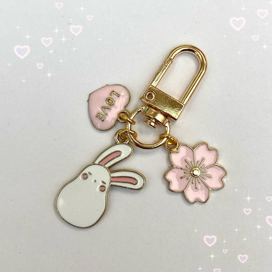 Kawaii flower sleepy bunny keyrings/ fan Sakura blossom phone charm bag keychain moon planner charm phone anime key charm rabbit zipper uni