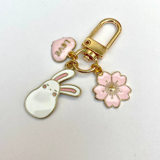 Kawaii flower sleepy bunny keyrings/ fan Sakura blossom phone charm bag keychain moon planner charm phone anime key charm rabbit zipper uni