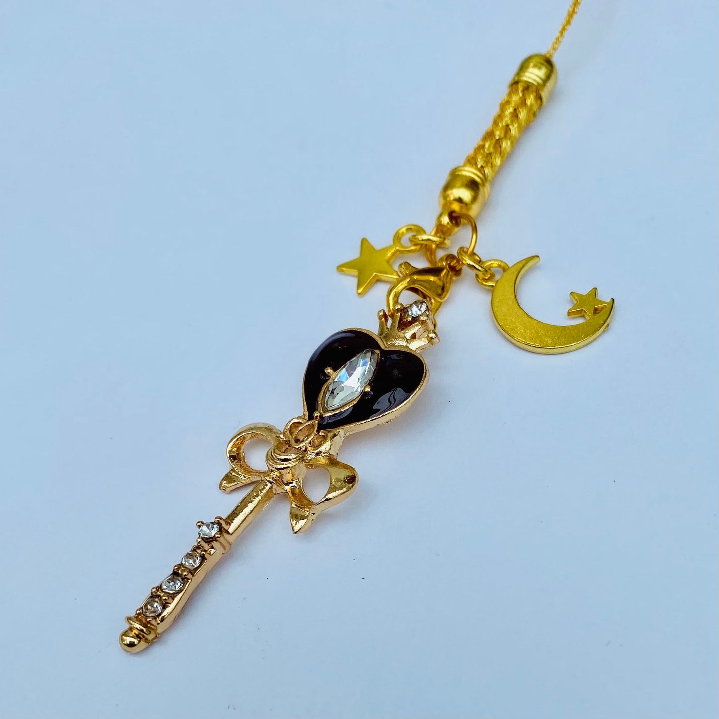 Phone charm anime black sparkle wand  gold star moon crescent dust plug /phone hanger rope / tablet laptop cell lanyard blue cat kawaii