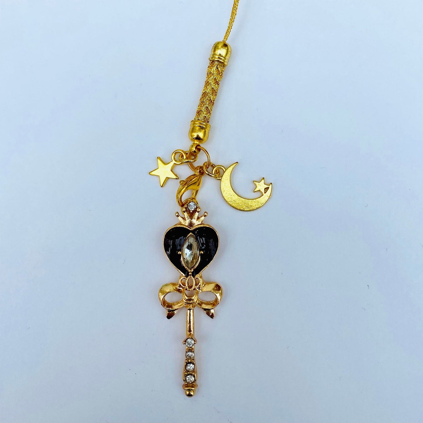 Phone charm anime black sparkle wand  gold star moon crescent dust plug /phone hanger rope / tablet laptop cell lanyard blue cat kawaii