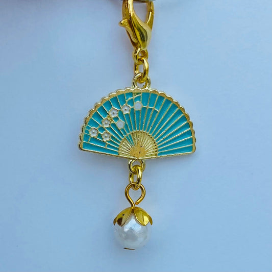 Vintage blue Japanese fan sakura phone clip planner journal charm stitch marker phone accessory phone charm ear bud case decor