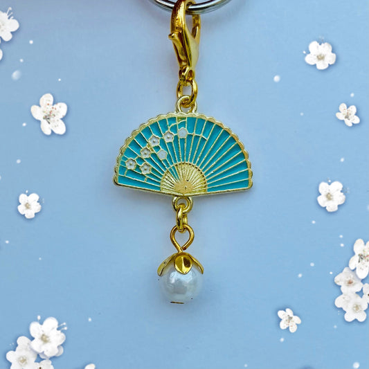 Vintage blue Japanese fan sakura phone clip planner journal charm stitch marker phone accessory phone charm ear bud case decor