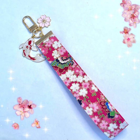 Kawaii Japanese blossom sakura style key fob wrist strap koi fish charms lanyard