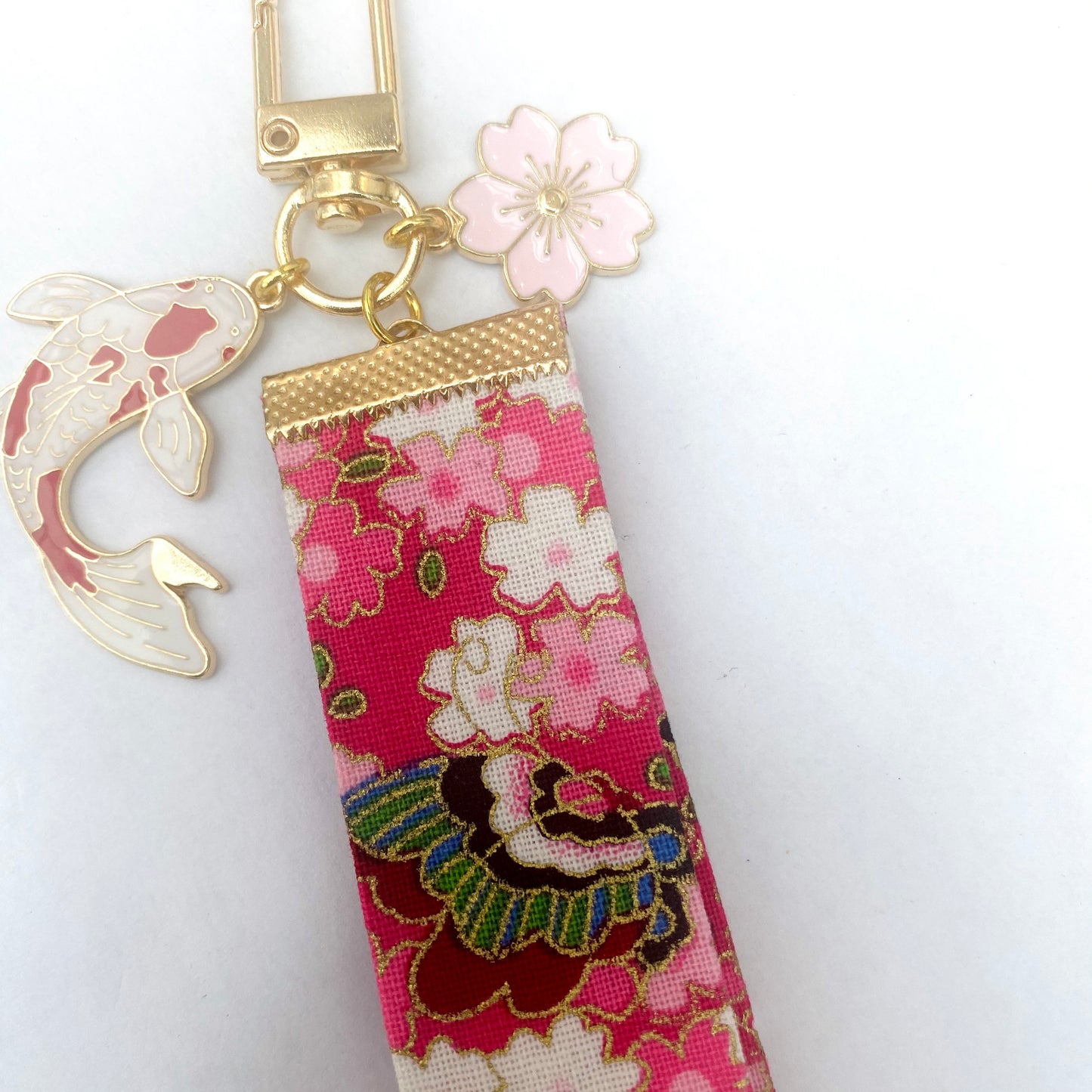 Kawaii Japanese blossom sakura style key fob wrist strap koi fish charms lanyard