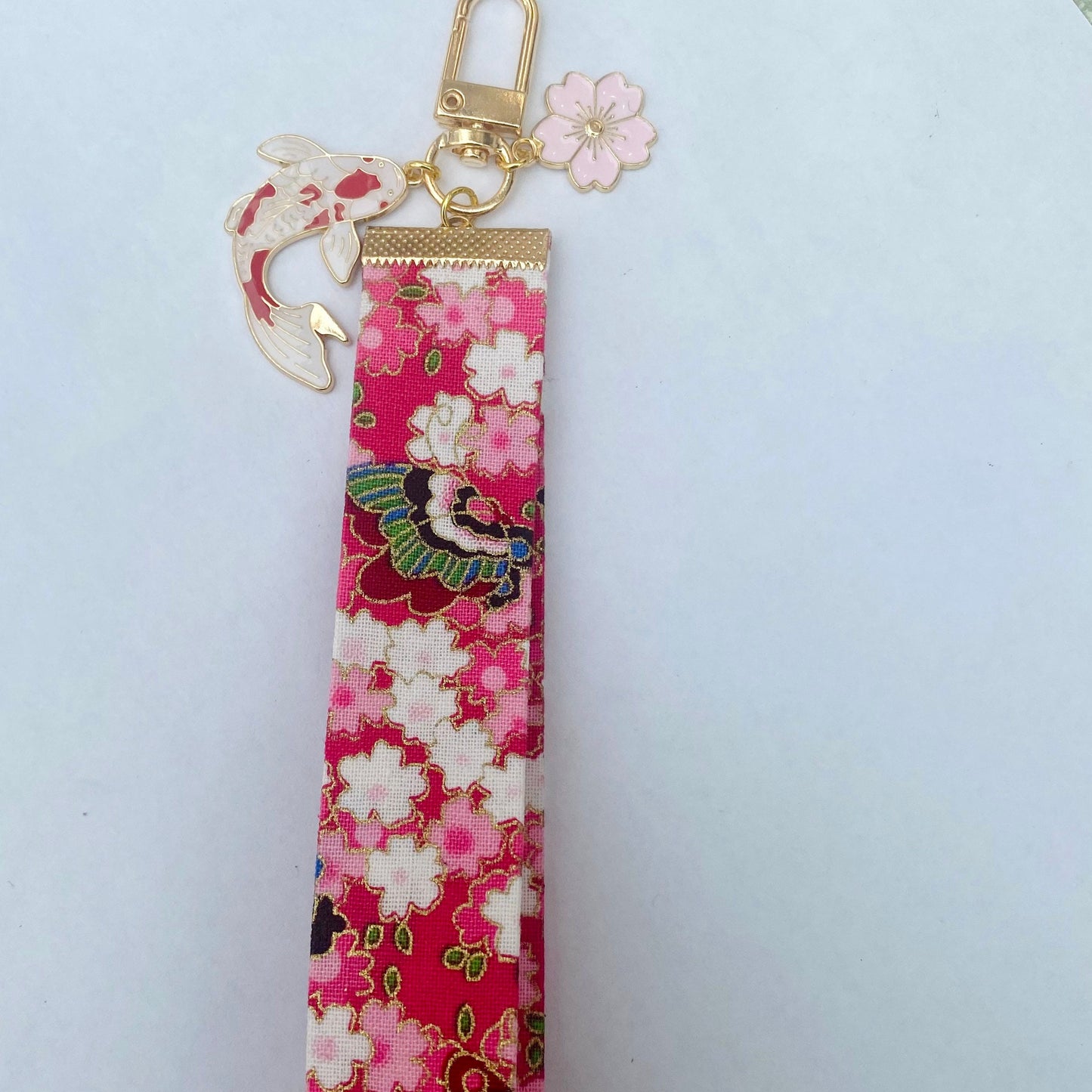 Kawaii Japanese blossom sakura style key fob wrist strap koi fish charms lanyard