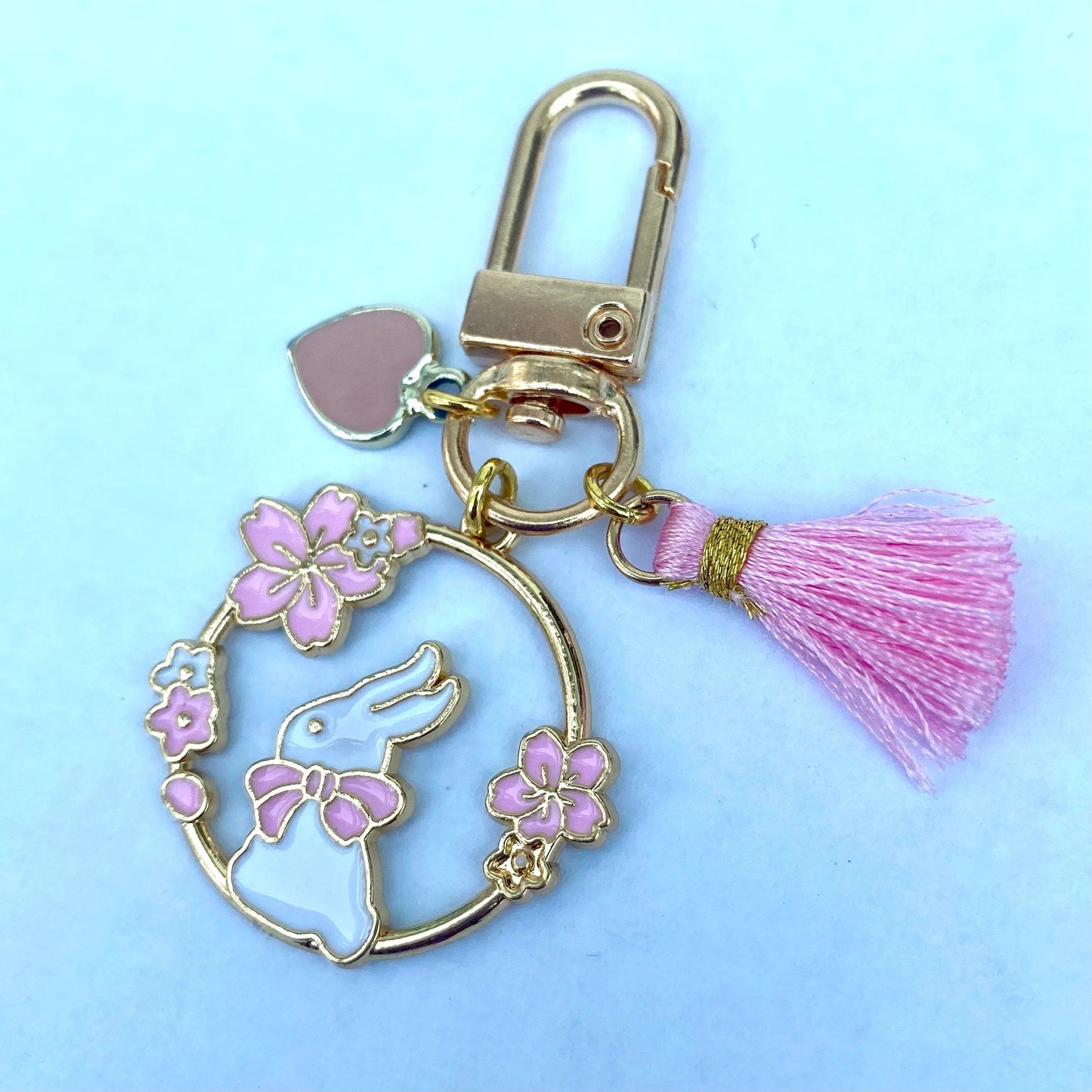 Japanese sakura bunny keyring phone case charm with mini tassel heart charms