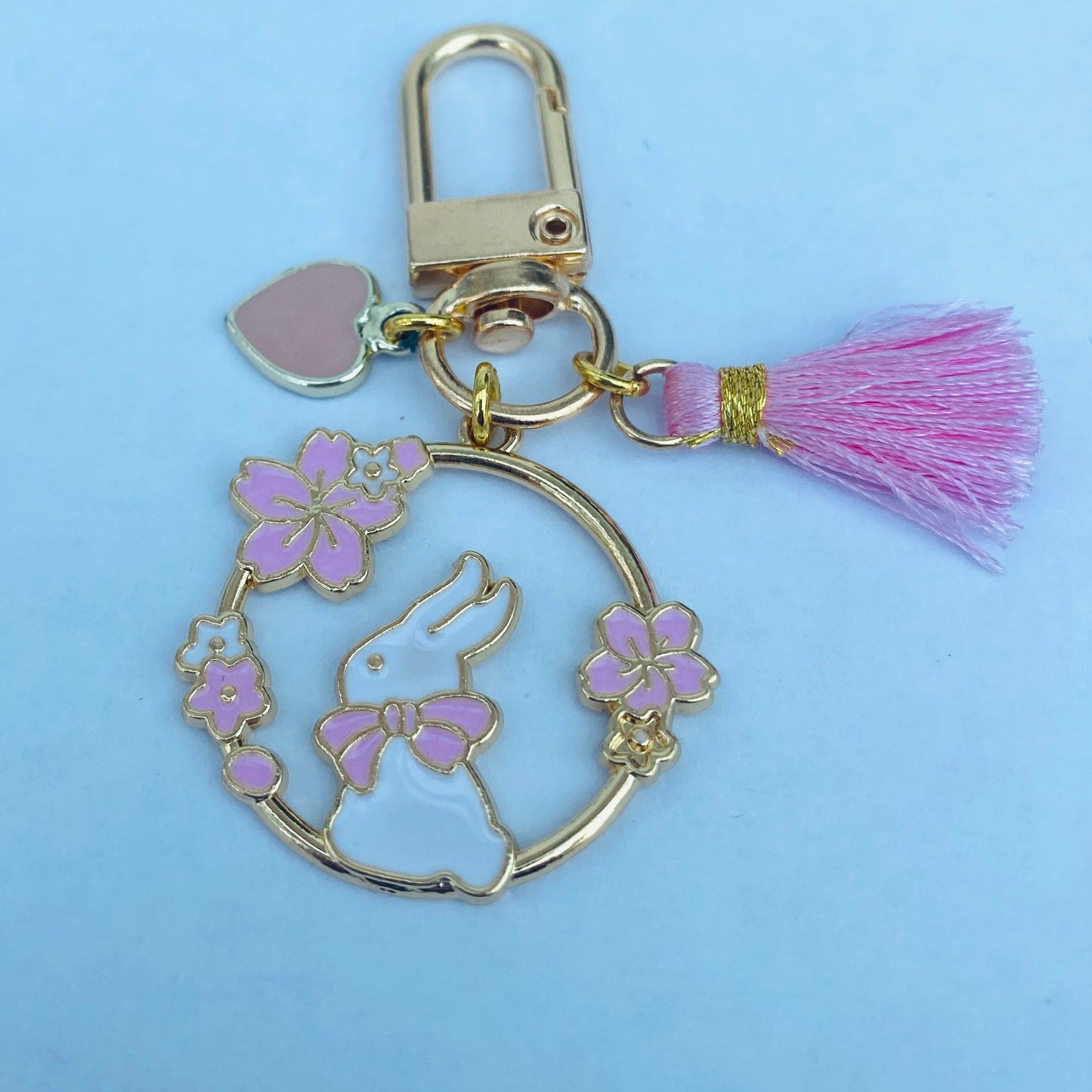 Japanese sakura bunny keyring phone case charm with mini tassel heart charms