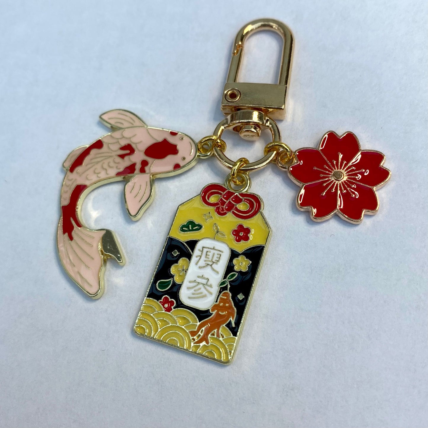 Japanese sakura black red Omamori keyring phone charm koi fish amulet keychain