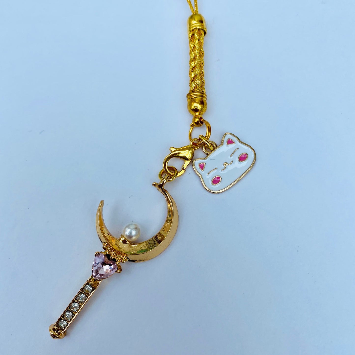 Phone charm anime cat moon crescent dust plug /phone hanger/rope /keychain tablet phone laptop cell lanyard jack white cat kawaii keyring