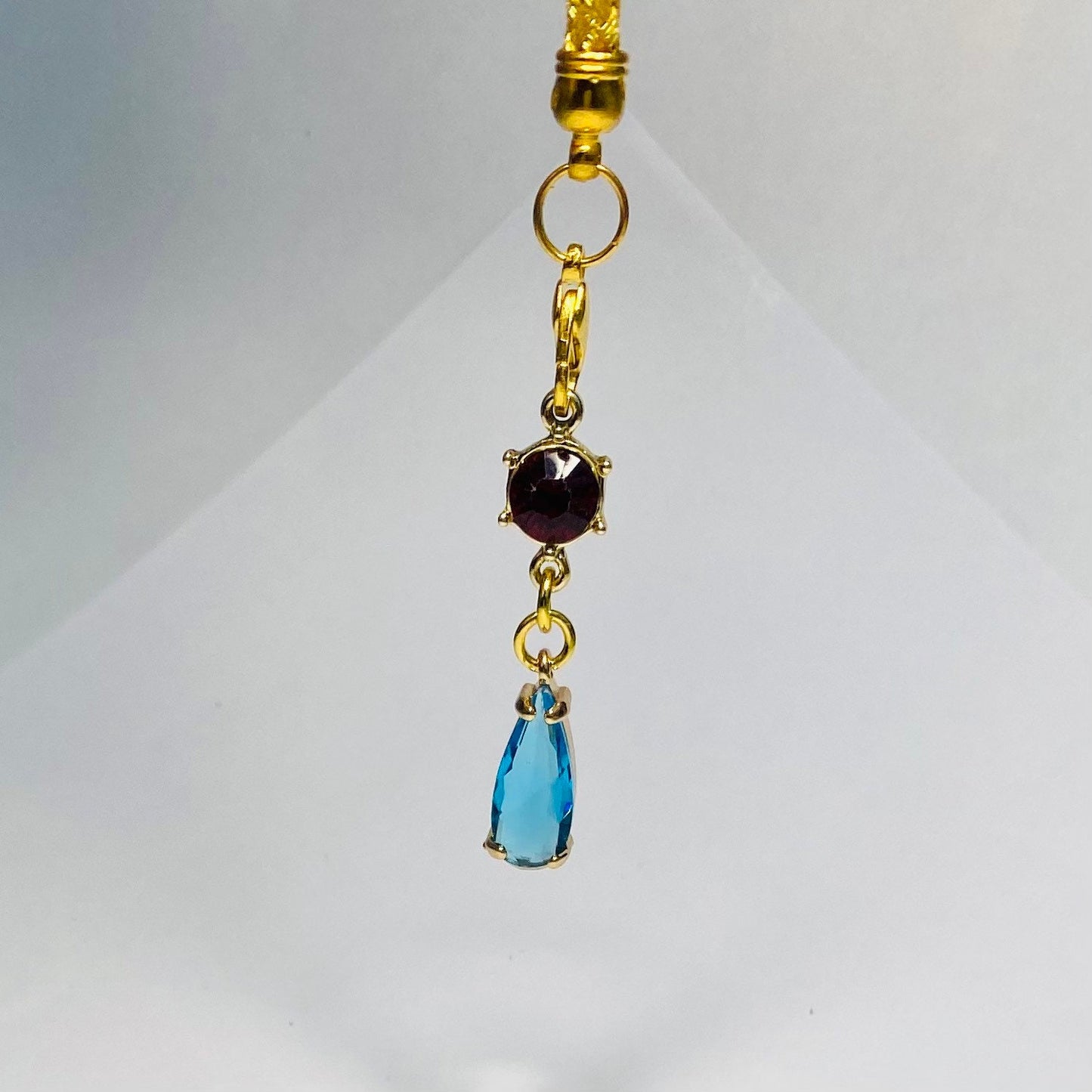 Two gem anime  red blue crystal phone charm gold rope 