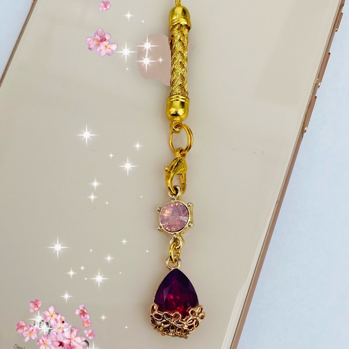 Phone charm deep pink sakura crystal gems glass magical cosplay castle japanese