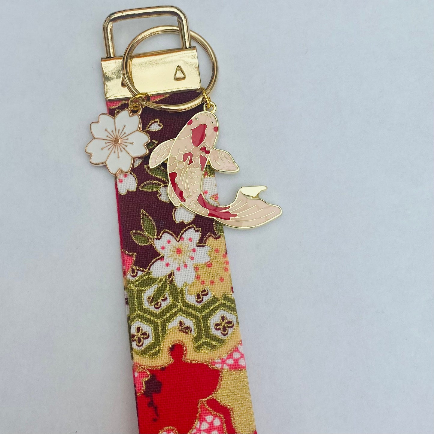 Japanese Sakura keychain wrist strap keyfob koi fish lanyard