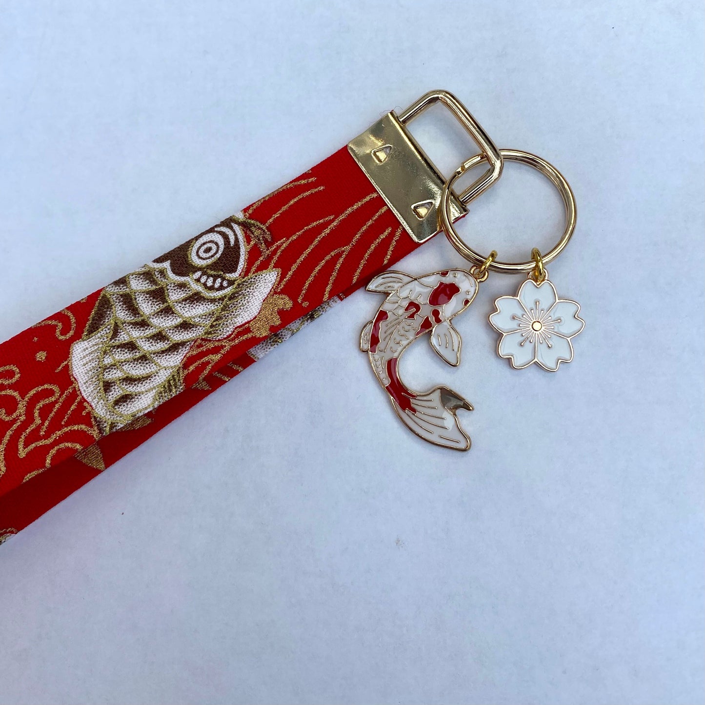 Handmade Japanese keyfob wrist strap keychain kimono style koi ribbon sakura koi fish lanyard