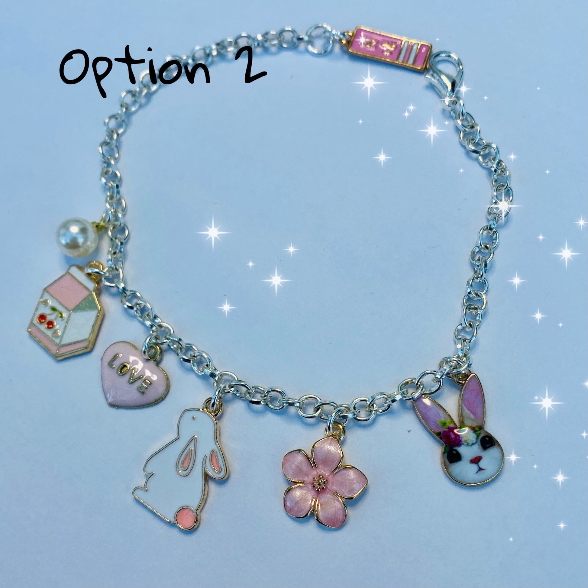 option 2 charm bracelet wand pink love heart flower cherry boba bunny