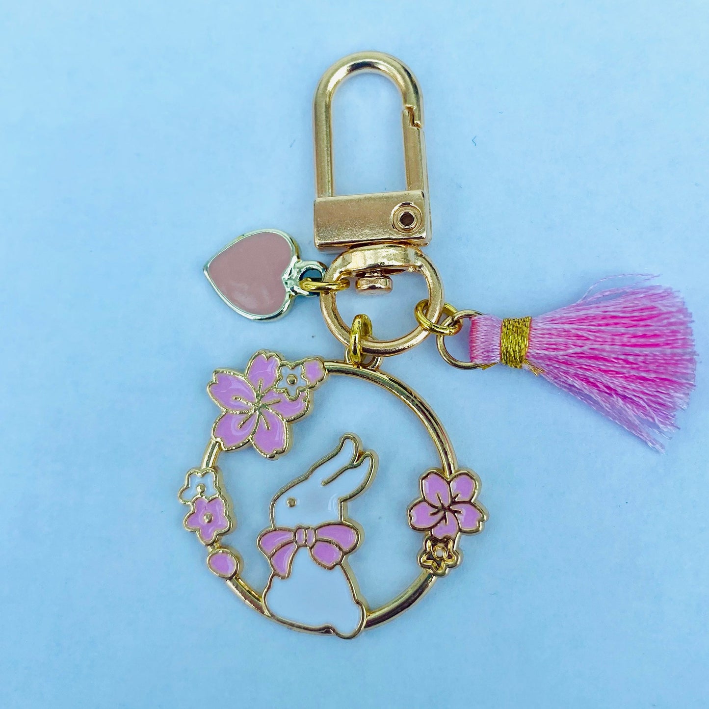 Japanese sakura bunny keyring phone case charm with mini tassel heart charms