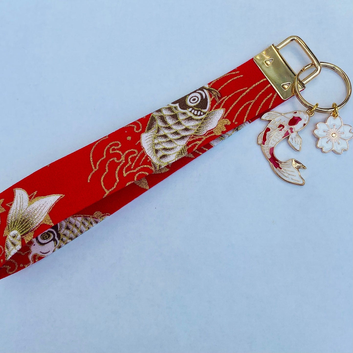 Handmade Japanese keyfob wrist strap keychain kimono style koi ribbon sakura koi fish lanyard