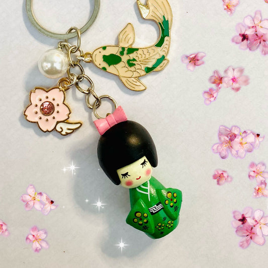 Japanese kokeshi keychain doll Sakura koi charm keyring bag accessory