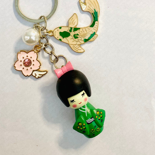 Japanese kokeshi keychain doll Sakura koi charm keyring bag accessory