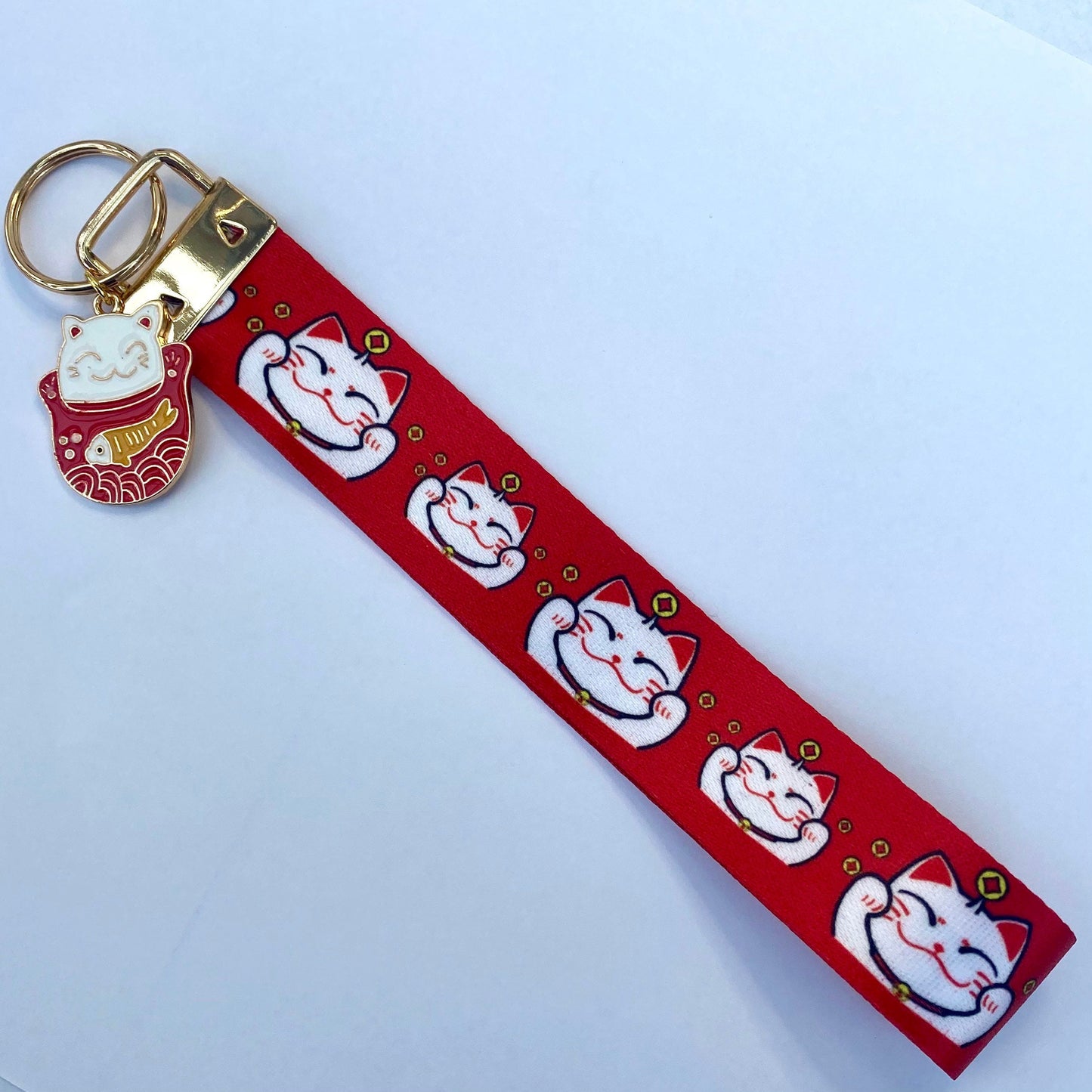 Maneki neko keyfob waving lucky cat keychain key strap