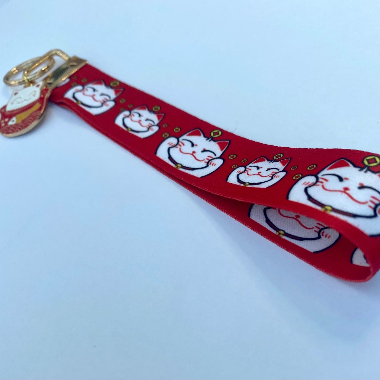 Maneki neko keyfob waving lucky cat keychain key strap