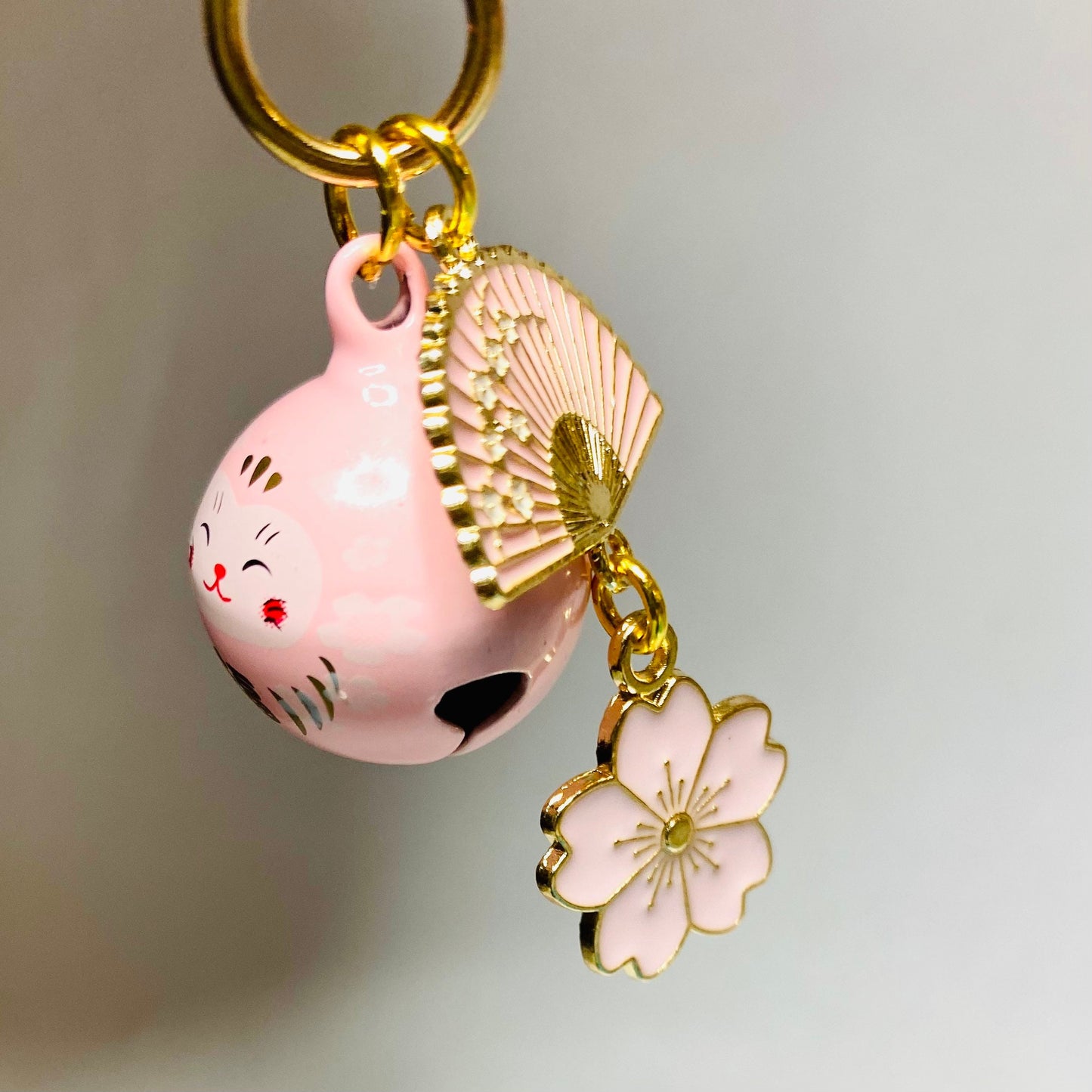 Maneki Neko pink bell Keyring phone charm lucky waving cat with fan sakura charms