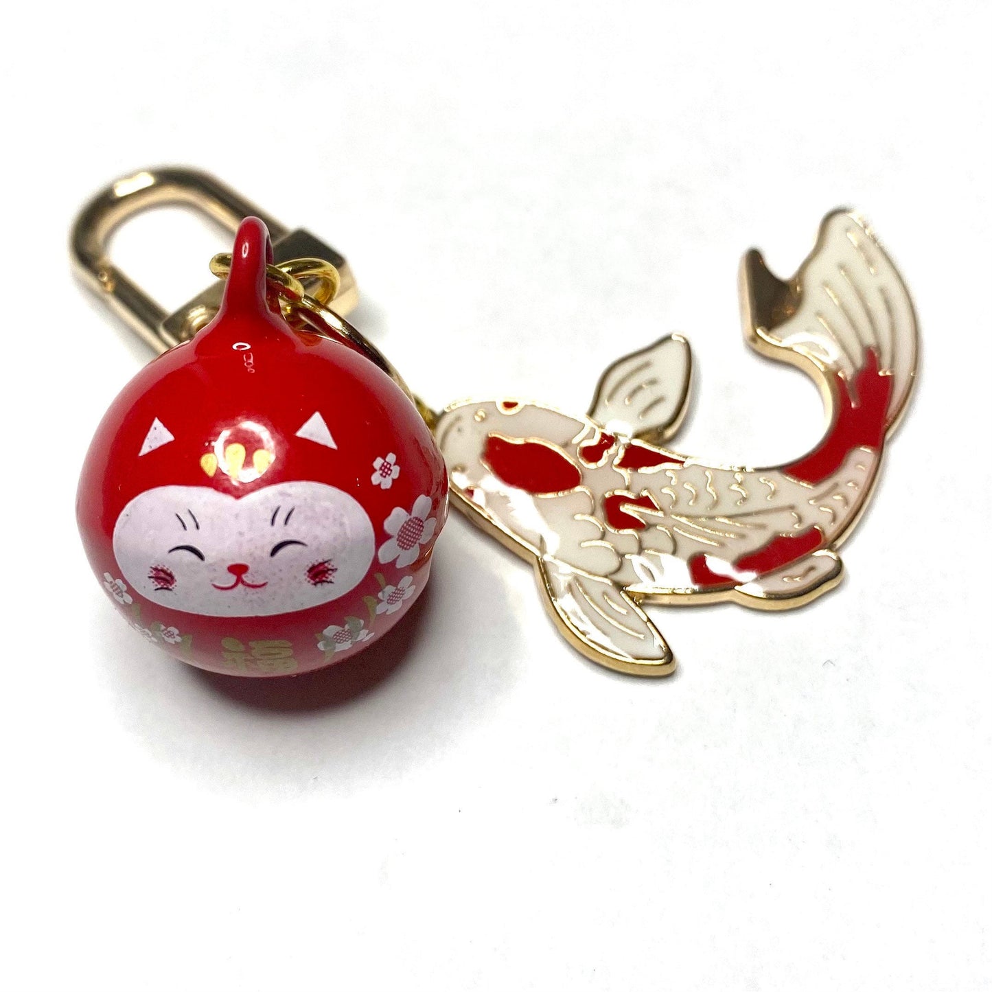 Maneki Neko red bell Keyring phone charm lucky waving cat with fan sakura charms