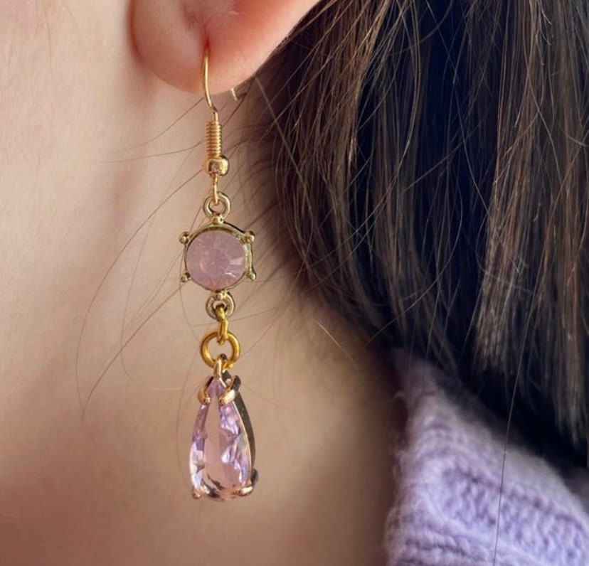 kawaii pink glass gemstone earrings dangle drop gold hook 