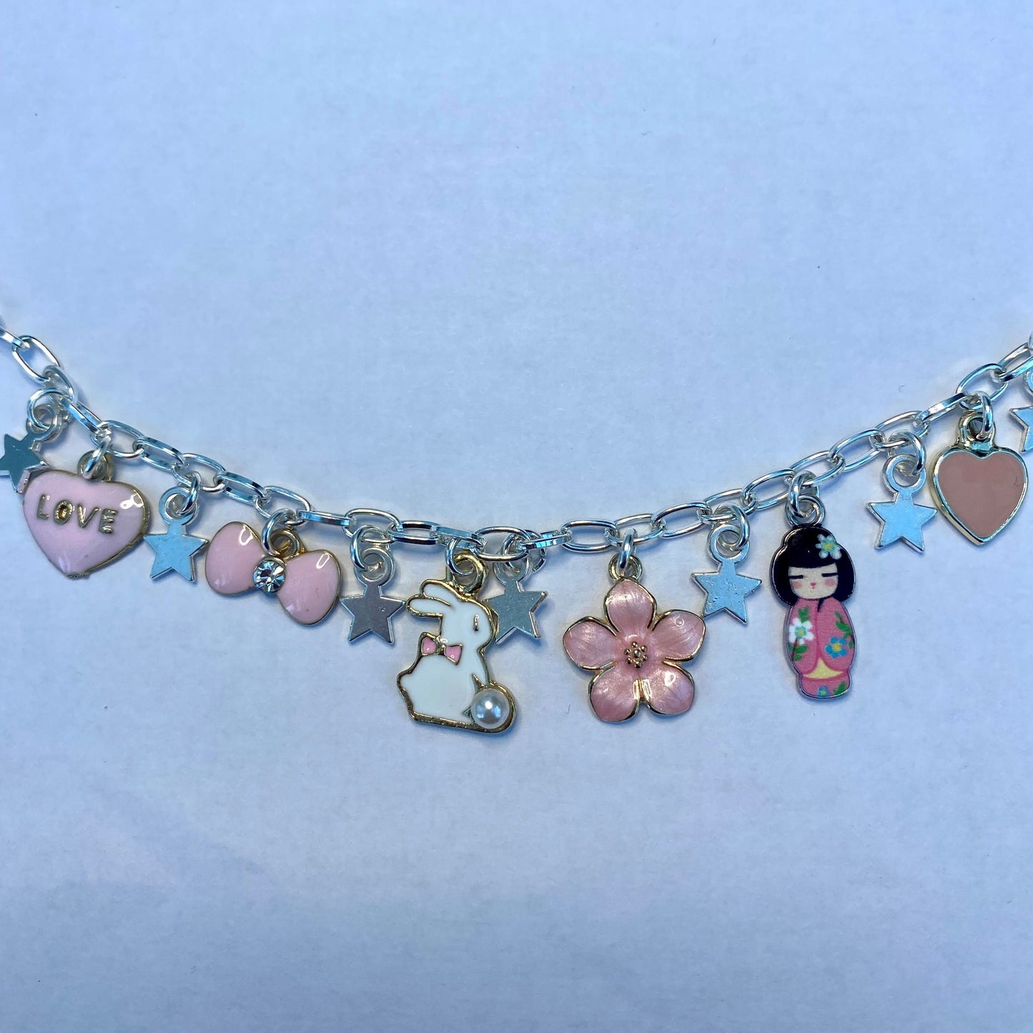 Charm bracelet silver chain cute anime bunny Sakura pink crystal kawaii charms