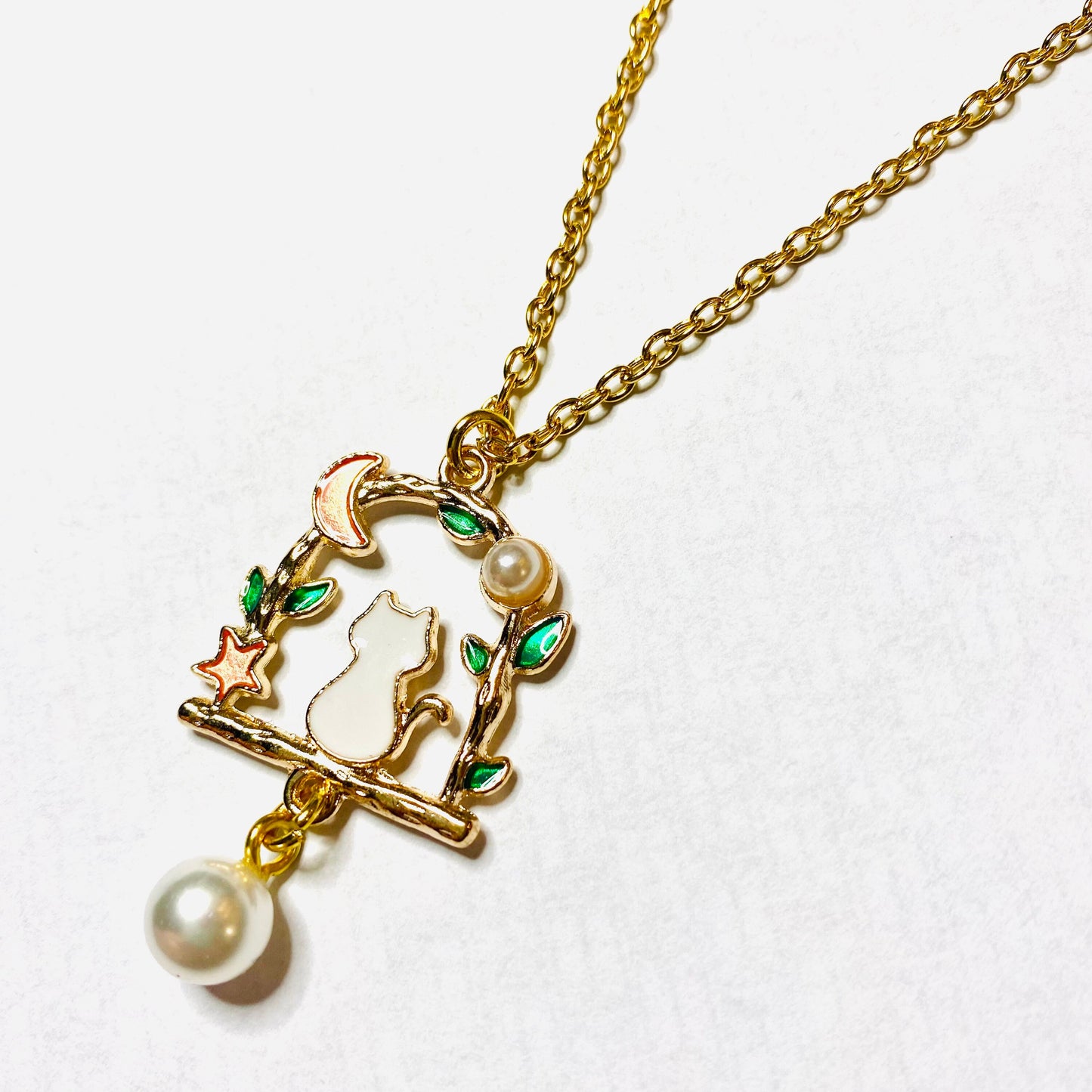 Kawaii anime moon cat  necklace pearl pastel fine gold chain gift anime celestial