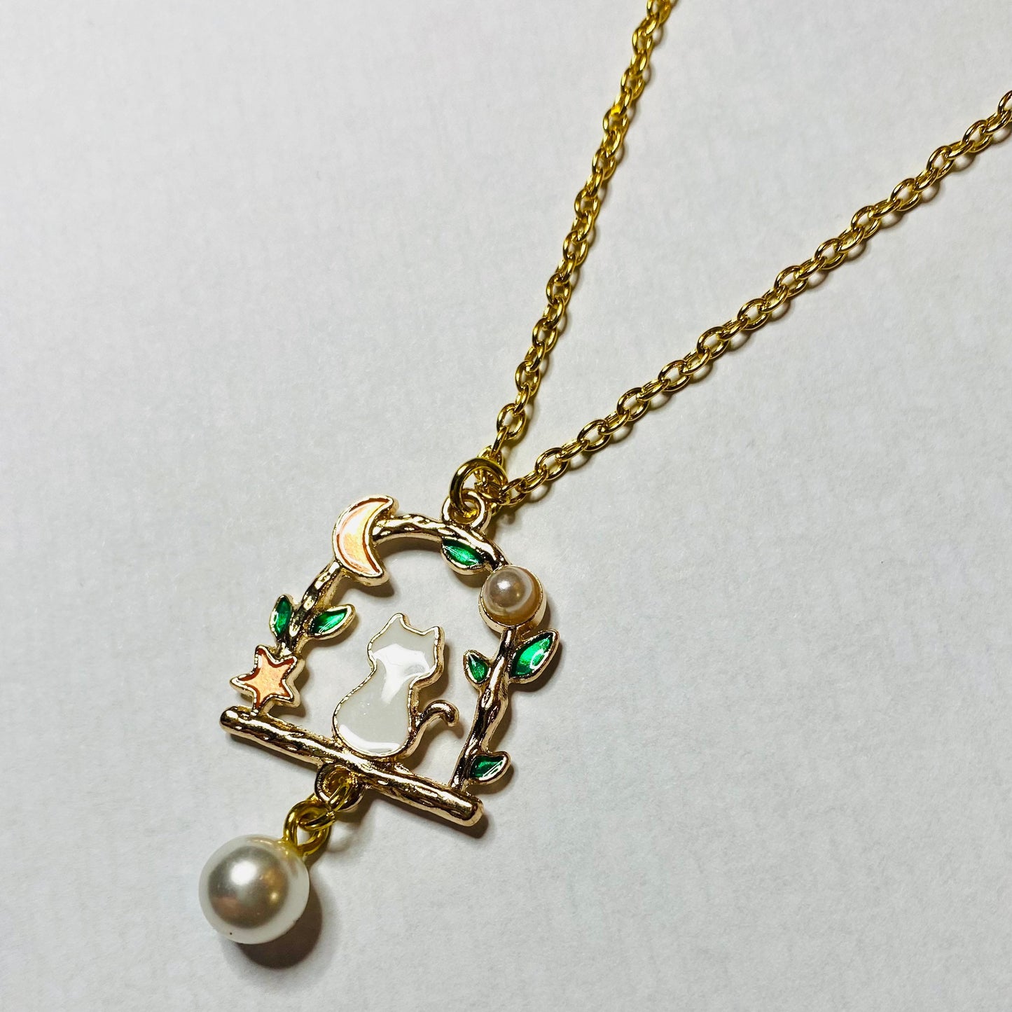 Kawaii anime moon cat  necklace pearl pastel fine gold chain gift anime celestial